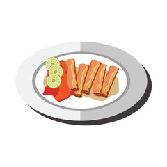 illustration a plate of spring rolls with sauce and lemon