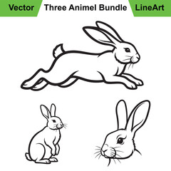 Three Distinct Rabbit Poses as a Clean Vector Line Art Set