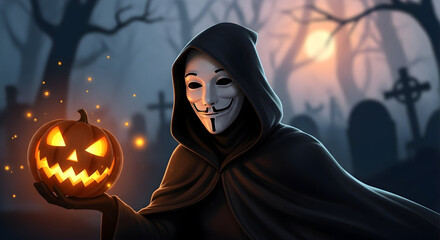 Mysterious figure with glowing Jack-o'-lantern mask in spooky graveyard, perfect for Halloween themes