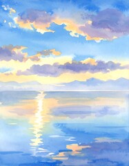 Watercolor painting depicts a serene seascape at sunset, showcasing a soft pastel color palette and gentle reflections on the calm water.