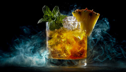 Refreshing golden cocktail with pineapple and mint garnish surrounded by atmospheric smoke
