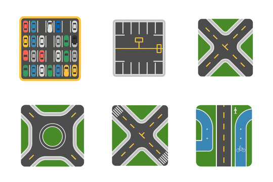 Intersection junction tile pack, diagonal crossings, four way intersections, X shaped junctions, roundabout variants, pedestrian islands, crosswalk markings, lane dividers