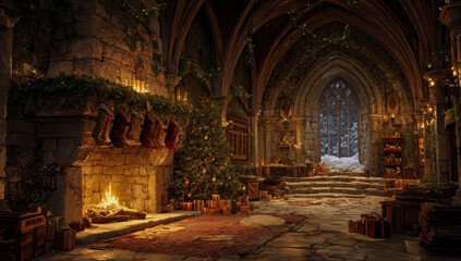 Magical medieval hall with glowing fireplace and christmas tree illuminated by candlelight