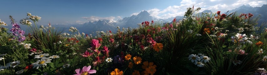 Obraz premium Vibrant flower meadow mountains hdr panorama
