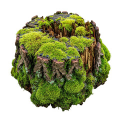 Vibrant moss blankets ancient tree stump, evoking serene nature and forest rebirth