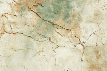 Obraz premium A close-up view of a weathered, cracked plaster wall, showcasing a tapestry of muted earth tones and faded, pastel hues.