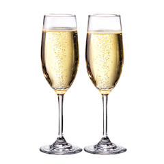 Two champagne flutes filled with sparkling wine isolated on transparent background