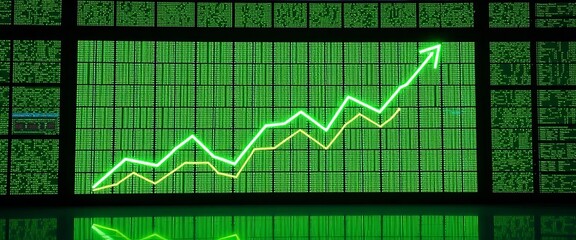 Dynamic green growth chart displayed on a digital matrix screen,  technology,  statistics