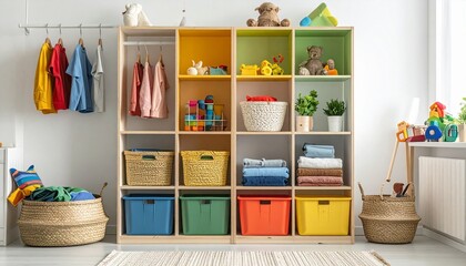 "Smart kids room organization hacks featuring colorful storage bins, labeled boxes, hanging organizers, and toy shelves. Perfect stock image for parenting, home organization, and lifestyle content."