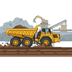 Obraz premium An articulated dump truck traversing a muddy road at a mine in a flat 2D style with a plain white background