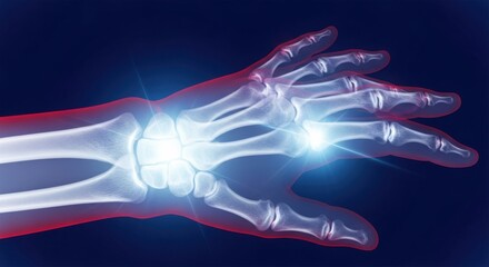X ray of a hand showing bones and joints with bright lights