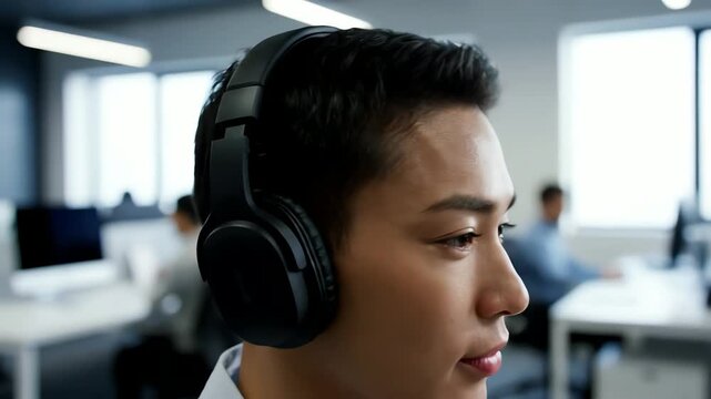 This detailed close-up profile captures a focused young asian man listening to audio on large black headphones in a bright, modern corporate office.
