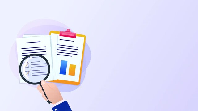 animation Hand holding magnifying glass for research document. 4k video