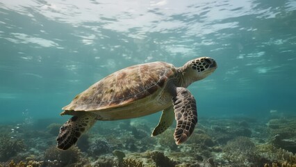 Obraz premium Sea Turtle Gliding Through Coral Reef Waters