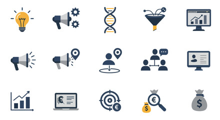 Fototapeta premium Professional 2D flat icons for corporate and startup themes, white background, featuring innovation, marketing,