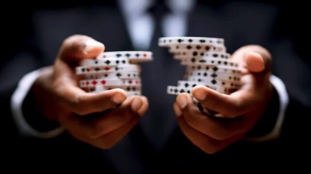 Professional gambler skillfully tossing poker chips in a stylish casino environment