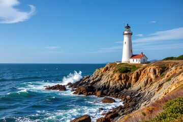Scenic Coastal Lighthouse on Rocky Shore with Turquoise Waves and Bright Blue Sky