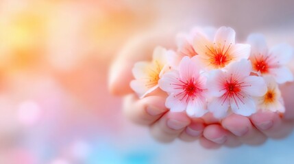 Fototapeta premium Delicate hands holding cherry blossom flowers with soft pastel background