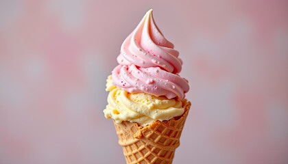 Delicious Soft Serve Ice Cream Cone with Pink and White Swirls on a Soft Pink Background