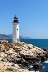 Scenic Coastal Lighthouse with Clear Blue Sky and Rocky Shoreline on a Bright Sunny Day