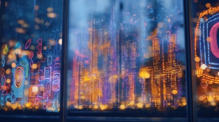 Obraz premium Focused medium shot of a creative LED window display featuring glowing abstract designs with the exterior cityscape softly out of focus.