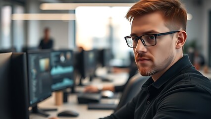 Obraz premium Developer working in a modern office, surrounded by blurred monitors in a clean tech environment.