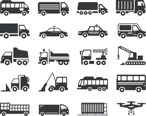 Vehicle icons, machinery symbols, truck, bus, car, taxi, ambulance, crane, bulldozer, excavator, cement mixer, drone, shipping container, logistics, flat vector illustration