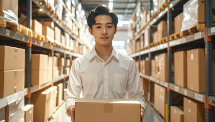 Young Asian man holding a cardboard box in a warehouse aisle surrounded by shelves.