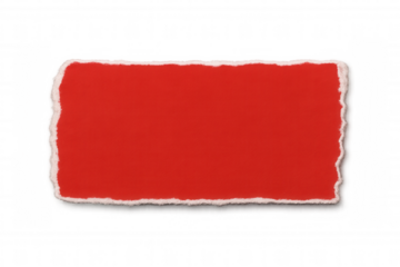 Red torn paper rectangular fragment lying flat, showcasing textured edge and transparent background for graphic design overlay