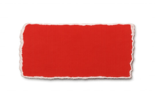 Red torn paper rectangular fragment lying flat, showcasing textured edge and transparent background for graphic design overlay