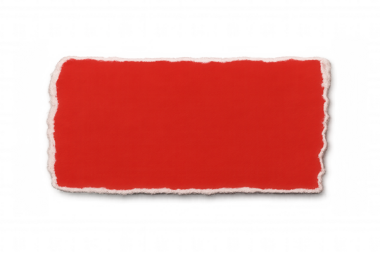 Red torn paper rectangular fragment lying flat, showcasing textured edge and transparent background for graphic design overlay