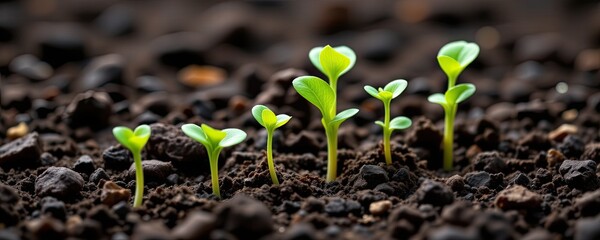 Fresh Green Seedlings Growing from Rich Dark Soil in Vibrant Natural Environment