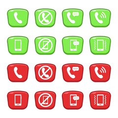 Mobile Phone Call Cartoon Icons Set, Green and Red Communication Buttons for Accept and Reject Call, Message, Silent Mode, Vibrate, Mute and Smartphone Symbol Flat Vector Illustration