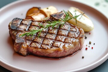 A grilled steak with rosemary and roasted vegetables sits elegantly on a pale pink plate, showcasing a delectable culinary presentation.