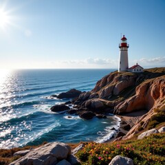 Serene Coastal Landscape with Lighthouse and Waves under Bright Sky at Sunrise Time