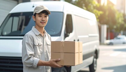 Smiling delivery person holding packages in front of a white van, ready for dispatch.