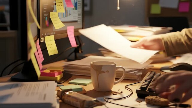 Messy desk with coffee spill sticky notes and stacks of paper