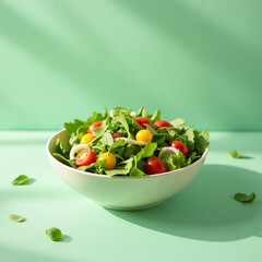 Fresh Vegetable Salad with Cherry Tomatoes and Green Lettuce in White Bowl on Light Green Background