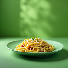 Plate of Spaghetti Pasta with Cherry Tomatoes and Parmesan on Green Background