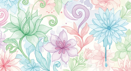 Ethereal garden of whimsical fantasy flowers in a seamless pattern, featuring delicate pastel watercolors and elegant, translucent petals