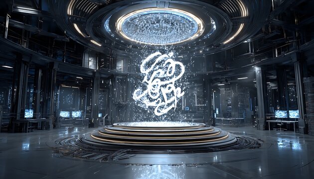 3D hologram calligraphy pulsing white inside high-tech command center - Powered by Adobe