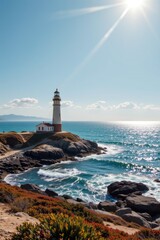 Naklejka premium Scenic lighthouse on rocky coast under bright sun with waves crashing against shore and clear blue sky in the background