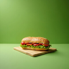 Fresh Submarine Sandwich with Lettuce Tomato and Sesame Seed Bun on Wooden Board