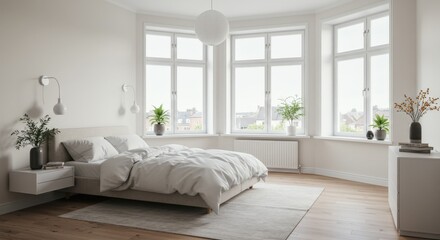 Modern Bedroom Interior with Large Windows and Bed.