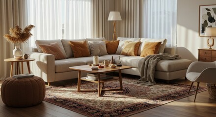 Cozy Living Room with Beige Sofa Pillows Rug and Light.
