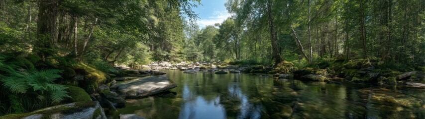 Obraz premium Serene river flow nature hdr panoramic view