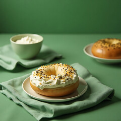 Creamy Vanilla Frosted Donuts with Sprinkles on White Plates in Green Background