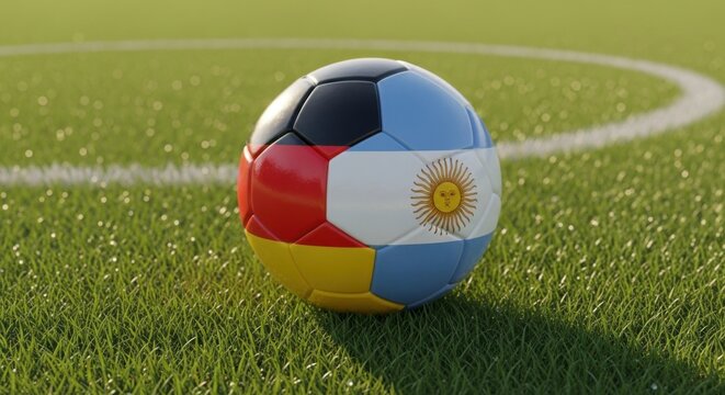 Soccer ball with Germany and Argentina flags on green grass field