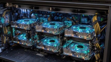 Closeup of the customdesigned immersion cooling system revealing a series of interconnected GPU racks submerged in a crystalclear dielectric fluid emphasizing the clean and organized