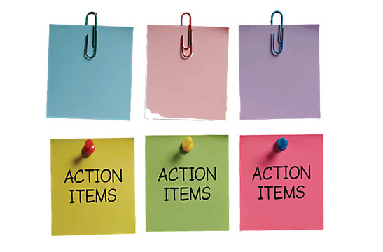 Action Items Sticky Notes with Colorful Paper Clips for Business Strategy and Task Management on White Background